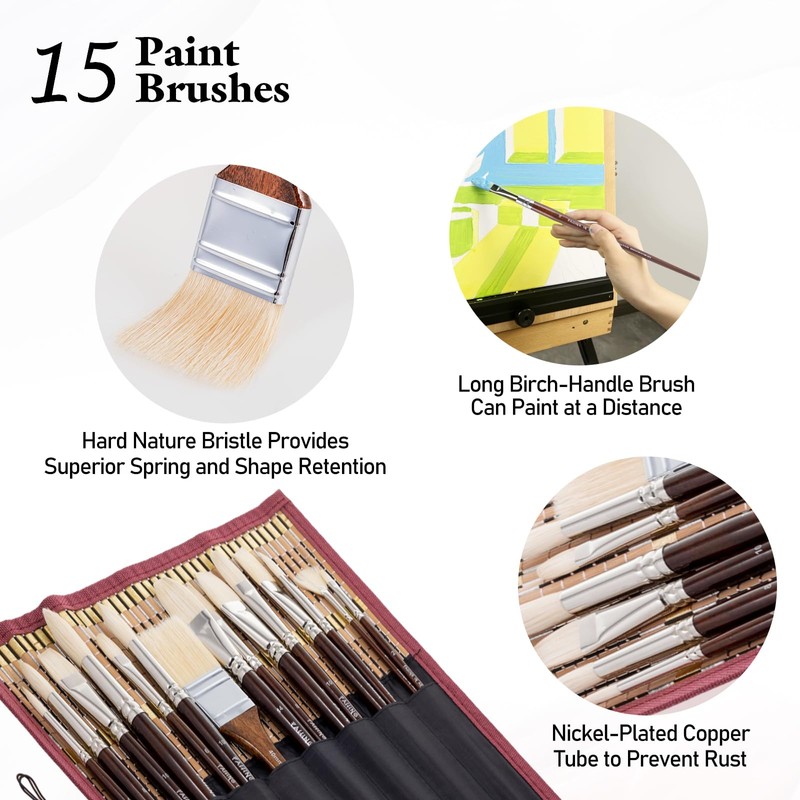 Falling in Art Natural Bristle Professional Paintbrush Set, 15PCS Long