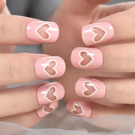 iMABC Lovely Pink with a love shape Press on False Nails Short Squoval Fake Nai Art Tips Manicure Reusable DIY Artifical Nails Polish Free with nail tools