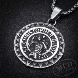 Saint St Christopher Medal Silver Stainless Steel Compass Style Pendant Necklace