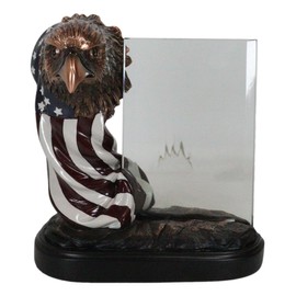 Ebros Gift Patriotic American Bald Eagle With Star Spangled Banner Flag Torso Beveled Engravable Engraving Glass Frame 6"x4" Bronze Electroplated Resin Figurine With Trophy Base Stand