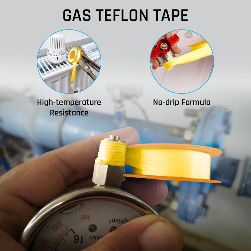 TAPEWELL Yellow Gas Teflon Tape, Pipe Thread Sealant, 260" Length
