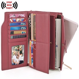 UTO Women's RFID-blocking PU Leather Wallet Clutch, 21 Card Slots, Organiser Women's Purse with Wrist Strap, Large Capacity Inner Pocket Fits 5.5 Inch Mobile Phones, Red (watermelon)