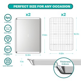 Baker's Secret 4pcs Set, 2x Baking Trays for Oven, 100% Recycled Aluminum, Non Toxic, Bakeware Set Cookie Sheet 13.6" with 2x Stainless Steel Rack Never Rust - The Natural Aluminum Collection