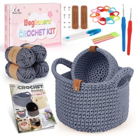 Aeelike Crochet Kit, Crochet Basket Kit, Starter Crochet Kits for Beginners Adults with Step-by-Step Instructions Yarn and Accessories, DIY Round Crochet Storage Basket Making Kit, Grey