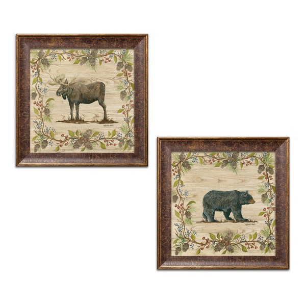 Rustic Pine Cone and Berry Bordered Moose and Bear Set; Cabin Lodge Decor; Two 12x12in Gold Trim Framed Prints; Ready to Hang!