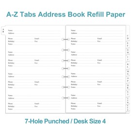 Address Book Refills for 3 or 7 Ring Mini Binders - A-Z Telephone Address Notebook Refill Paper with Alphabetical Tabs, 120gsm White Paper, 7-Hole/Desk Size 4, 5.8" x 8.3"
