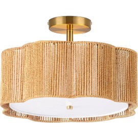 Jolydoly 13.4" Rattan Flush Mount Ceiling Light Fixtures,3-Light Boho Light Fixtures Ceiling Mount for Bedroom,Small Rattan Chandelier,Gold Mini Chandelier Lighting for Dining Room Hallway Kitchen