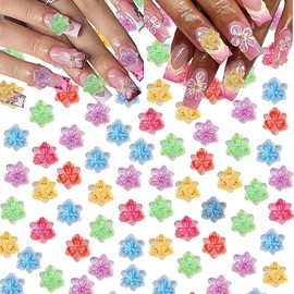 FINGCRO 60PCS Flower Nail Art Charms 3D Hawaii Flowers Nail Rhinestones Glow in Dark Hibiscus Floral Nail Gems Diamonds Jewelry Luminous Ice Flower Supplies for Women Manicure Decorations 2