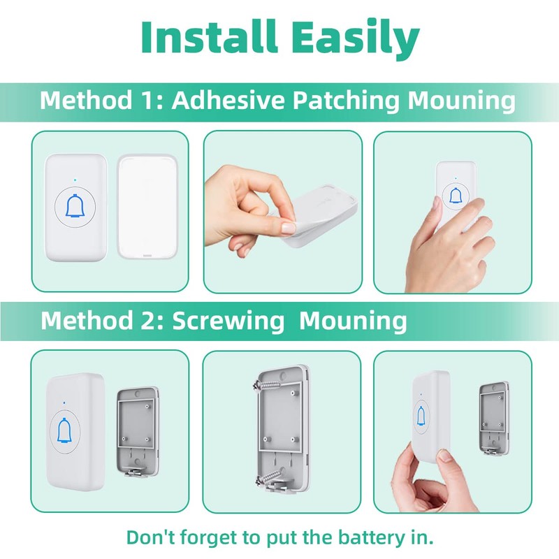 Wireless Doorbell with 2 Receivers IP66 Waterproof 1000ft Range Door