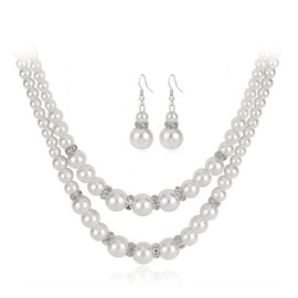 tenghong2021 Fashion Classic Faux Pearl Red Carnelian Jewelry Set Necklace Bracelet Earrings for Women Best Gift for Birthday Valentine's Day Christmas New Year-Double Layered