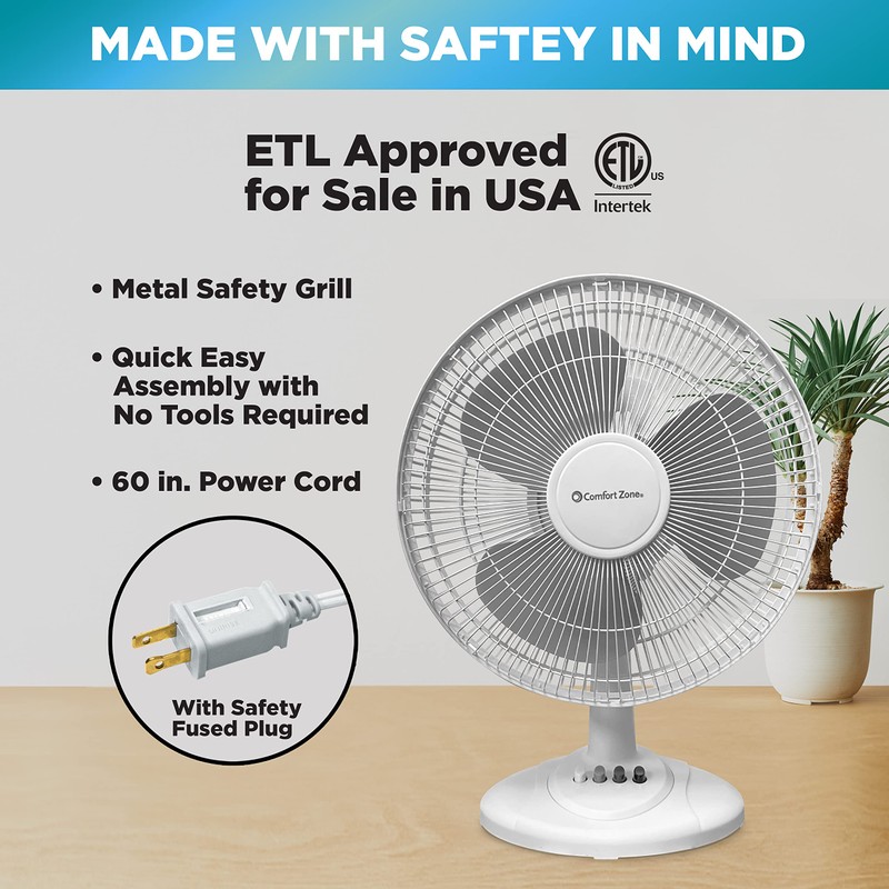 Comfort Zone Oscillating Table Fan with Adjustable Tilt, Convenient Push