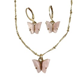 Unbranded Pink Butterfly Necklace Earrings Jewelry Set 19" Gold Tone Chain
