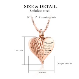 Yinplsmemory Love Heart Urn Necklace for Ashes Keepsake Memorial Cremation Jewelry Stainless Steel Angel Wing Ashes Holder Memorial Gift for Loss of Father/Mother/Pet (Rose gold)