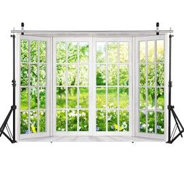 LYWYGG 7x5FT Spring Backdrop White Window Backdrop Video Conference Photography Background Outdoor Landscape Backdrop Home Office Backdrop Home Decoration Indoor Realistic Backdrop CP-472