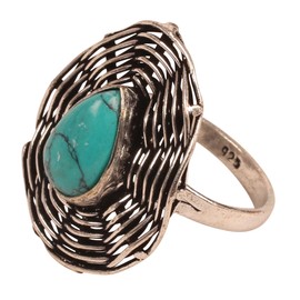 Touchstone Indian Bollywood Desire Exclusive Handcrafted Concentric Wires Faux Spider Web Turquoise Designer Jewelry Adjustable Size Finger Ring In White Tone For Women.
