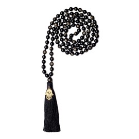 COAI Hamsa Hand Charm Hand Knotted Tassel 108 Mala Beads Stone Beaded Necklace Golden Obsidian Necklace