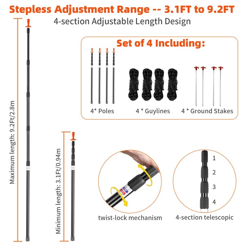 Heavy Duty Telescoping Tarp Poles, Set of 4-4-Section Adjustable 3.1FT