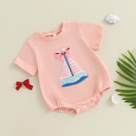 Gueuusu Newborn Summer Outfit Baby Girl Sailboat Embroidery Bubble Romper Short Sleeve One Piece Sweater Bodysuit (Pink, 0-3 Months)