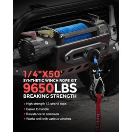 Kolvoii Synthetic Winch Rope Kit, 1/4" x 50ft 9,650lbs Winch Cable with Steel Hook, Winch Line Stopper and Safety Pull Strap for ATV UTV Off-Road Vehicle etc (Blue Rope, Black Hook)