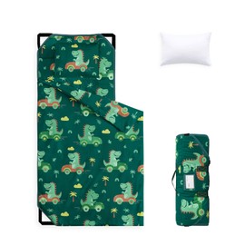 Wake In Cloud - Cot Nap Mat with Pillow and Blanket, for Toddler Kids Boys in Daycare Kindergarten Preschool Pre K with Elastic Corner Straps, Cute Dinosaur Driving Cars, Forest Green