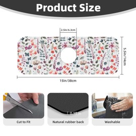 Vintage Watercolor Floral Flowers Abstract Leaves Kitchen Sink Splash Guard Faucet Mat Super Absorbent Fast Drying Mat Sink Gadgets-Fast Drying Pad Sink Mat For Kitchen Bathroom (15" X 5.5" )