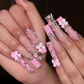 3D Flower Bow Nail Charms, Pink Acrylic Flower Nail Charms with Gold Metal Caviar Beads and Rhinestones Gems, Resin Bowknot Ribbon for DIY Nail Art Decorations Manicure Jewel Accessories