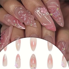 24 Pcs Medium Press on Nails Almond Fake Nails with Design 3D Drip Gel Flower Glue on False Nails French Tip Acrylic Nails Artificial Stick on Nail Art for Women
