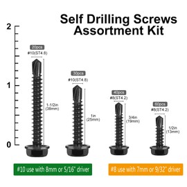 VGBUY 150Pcs Self Drilling Screws Assortment Kit, 410 Stainless Steel Self Tapping Sheet Metal TEK Screws, Black Zinc Plated, #8 1/2" 3/4" #10 1" 1-1/2", Hex Washer Head