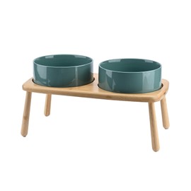 SPUNKYJUNKY Raised Dog Bowls Ceramic Dog Bowls Elevated with Non-Slip Wooden Stand Dog Food Water Bowls for Medium Large Size Dogs(Double 60OZ Bowls,Dark Green)