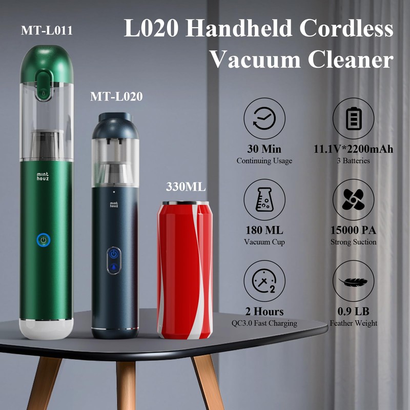 Mini Car Vacuum, 15000PA Strong Suction Cordless with LED Light,