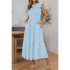 ZESICA Women's 2024 Summer Casual Flutter Short Sleeve Crew Neck Smocked Elastic Waist Tiered Midi Dress,Blue,Medium