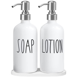 MOMEEMO Hand Soap Dispenser for Bathroom, Soap and Lotion Dispenser Set with Silver Metal Pump, Suitable for Farmhouse Bathroom Decor. (White & Silver)