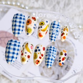 24Pcs Summer Press on Nails Medium Almond False Nails Blue Fake Nails Fruit Design Cute Glue on Nail Full Cover Reusable Acrylic Stick on Nail Vacation Salon Manicure Supplies Kit for Women