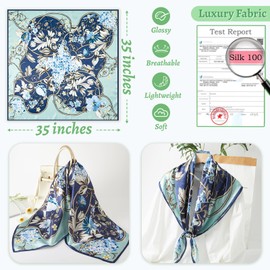 WUZININGLE 100% Mulberry Silk Head Scarf for Sleeping 35"x35" Square Silk Hair Scarf for Women Lightweight Silk Scarf Large (Charming Flowers-(Green))