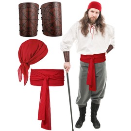 Bencailor 4 Pcs Pirate Costume Men Women Pirate Bandana Sash Belt Hat Accessories Cosplay Masquerade(Medium,Brown, Red)