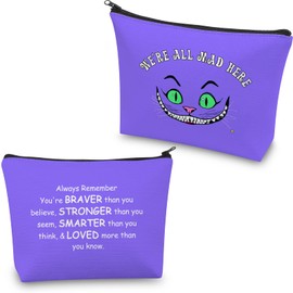 CMNIM We Are All Mad Here Alice Gift Makeup Bag Smiling Cat Wonderland Quote Cosmetic Bag Alice Fairy Tales Gifts (We Are All Mad Here purple)