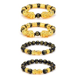 JeryWe 4 Pcs Feng Shui Black Obsidian Wealth Bracelet for Men Women Good Luck Charms Bead Bracelets Attract Wealth Money Adjustable Mens Pixiu Bracelet Set