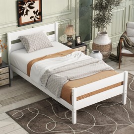 LUMISOL Twin Size Platform Bed with Headboard and Footboard, Wood Twin Size Bed Frame, White