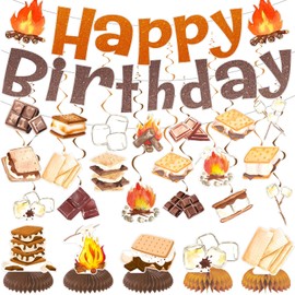 Hemtemfey S'mores Campfire Birthday Party Decor Supplies - Happy Birthday Banner, S'mores Garlands, Hanging Swirls & Honeycomb Centerpiece - Brown and Metallic - Indoor/Outdoor - Children and Families