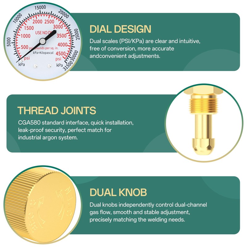 BOGERDACK Dual Output Argon Regulator, Flow Meter 0-60CFH, With 9.8