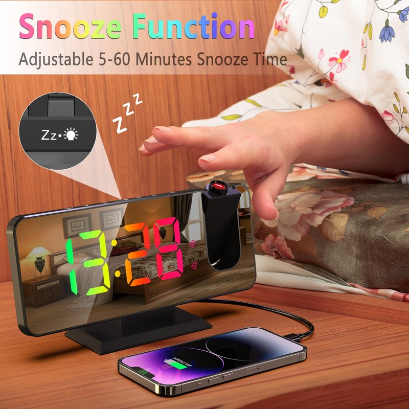 Petilleur Projection Alarm Clock for Bedroom Ceiling, 180° Rotatable Projector