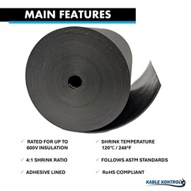 Kable Kontrol Heat Shrink Tape - 4" Inch Wide - 16.5 Ft Rolls - 4:1 Adhesive Lined Shrinkable Tape for Electrical Cables, Wires, Pipes – Adhesive Activates Upon Heating Melts and Seals, RoHS - Black