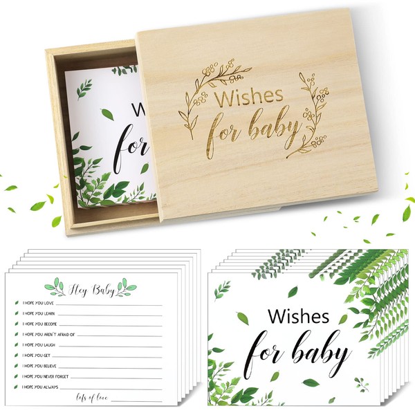 Set of 50 Botanical Baby Shower Advice Cards and Wooden Keepsake Box, Greenery Baby Advice Cards for Baby Shower Double Sided Advice and Wishes Cards for Boys Girls Baby Showers Wedding Gender Reveal