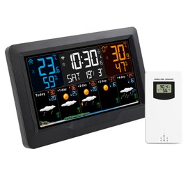 FJ3390TY-A WIFI Smart Weather Station with Clock Indoor and Outdoor Temperature & Humidity Meter Multifunctional Large Color Screen Weather Clock Temperature & Humidity Gauge with 1 Sensor, Work with Smart APP