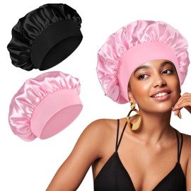 2 PCS Silk Bonnet for Sleeping Satin Bonnet for Women, Satin Hair Cap for Sleeping Wide Elastic Band Hair Bonnet (Black & Pink)