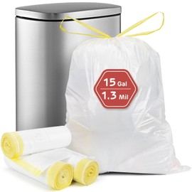 Holuwiso 15 Gallon Trash Bags Drawstring, 1.3 Mil Ultra Thick High Stretch Tall Kitchen Compressed Garbage Bags, 25.2 x 30.3 Inches Strong Trash Liners for Kitchen Home Office Lawn, White / 60 Count