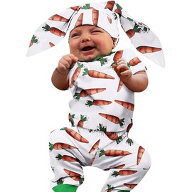 My 1st Easter Baby Boy Girl Outfit Newborn Baby Bunny Romper Bodysuit Rabbit Pant Hat Headband Infant 3Pcs Clothes Set(Carrot,12-18M)