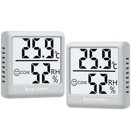 hoyiours Pack of 2 Indoor Thermometer Hygrometer Digital Thermal Room Thermometer with 3s Refresh Smiley Display, Mini Humidity Meter for Living Room, Baby Room, Office, Greenhouse, Grey
