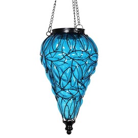 Naboher Outdoor Garden Solar Lights, Tear-Shaped Glass and Metal Hanging Lantern, 15 Firefly LED Lights, 7 x 24 Inch,（Blue）