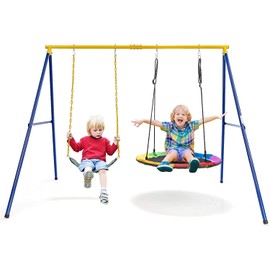 HONEY JOY 660lbs 2 Seat Metal Swing Frame Set with Saucer Swing & Belt Swing, Heavy Duty A-Frame Kids Swing Stand w/Ground Stakes and Adjustable Ropes, Outdoor Swing Sets for Backyard